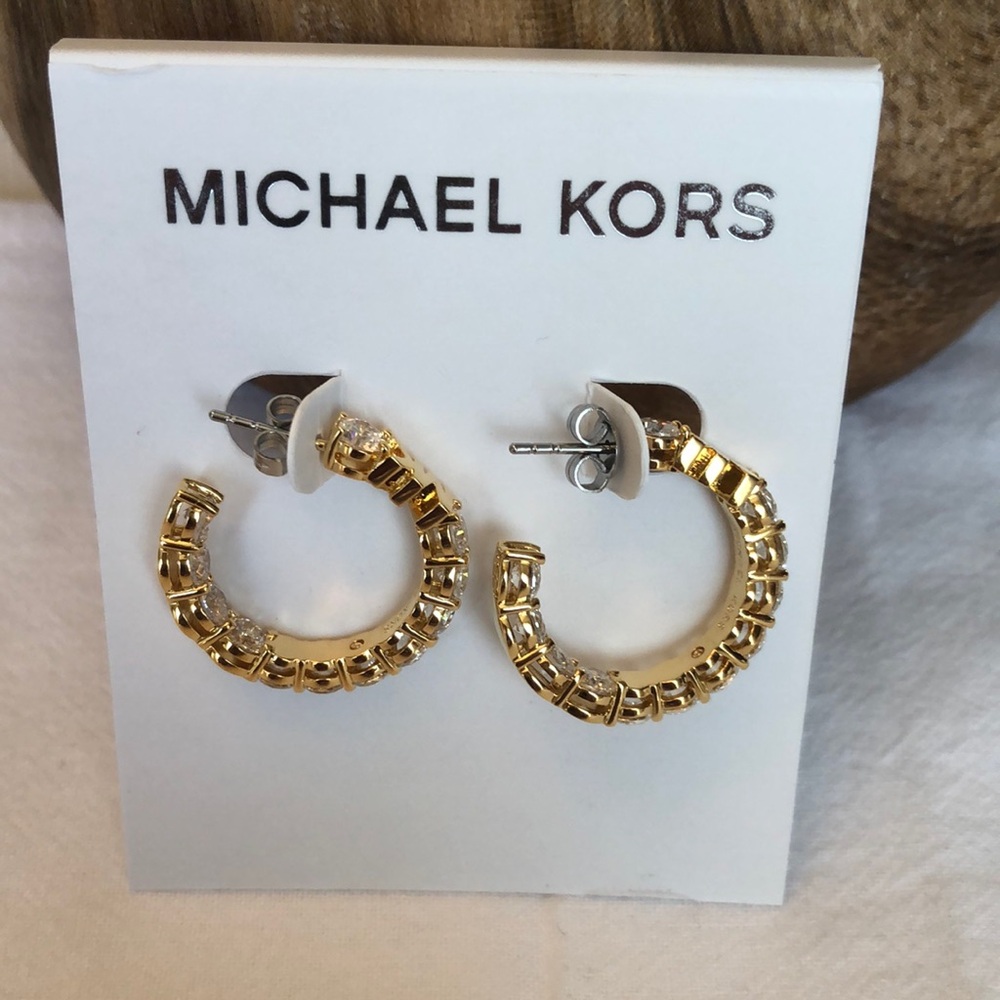 Michael Kors Gold Tone MK Logo & Cubic Zirconia Hoop Earrings NWT